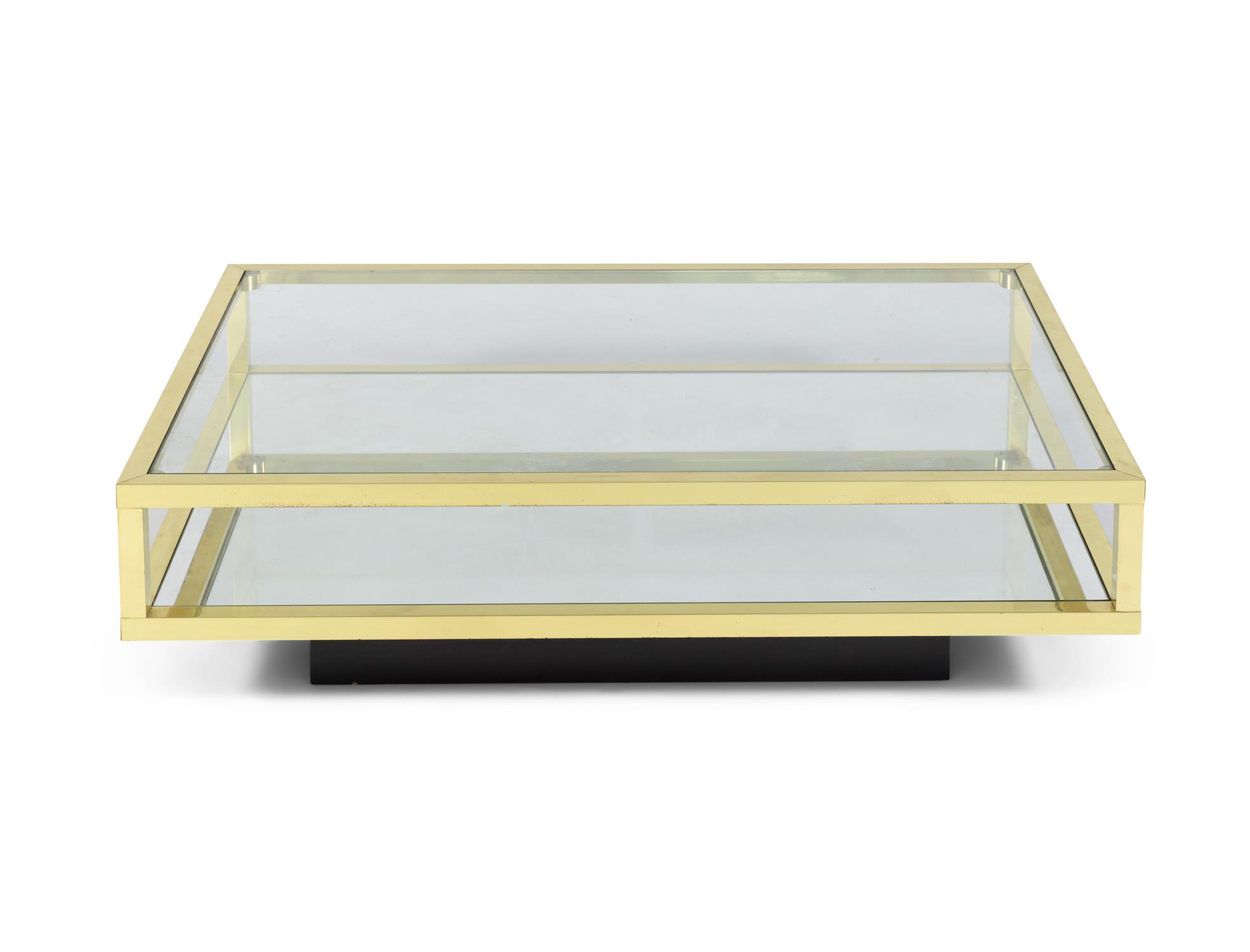 COFFEE TABLE A brass two tier coffee table with glass and mirror tops. Italy, c.1970.