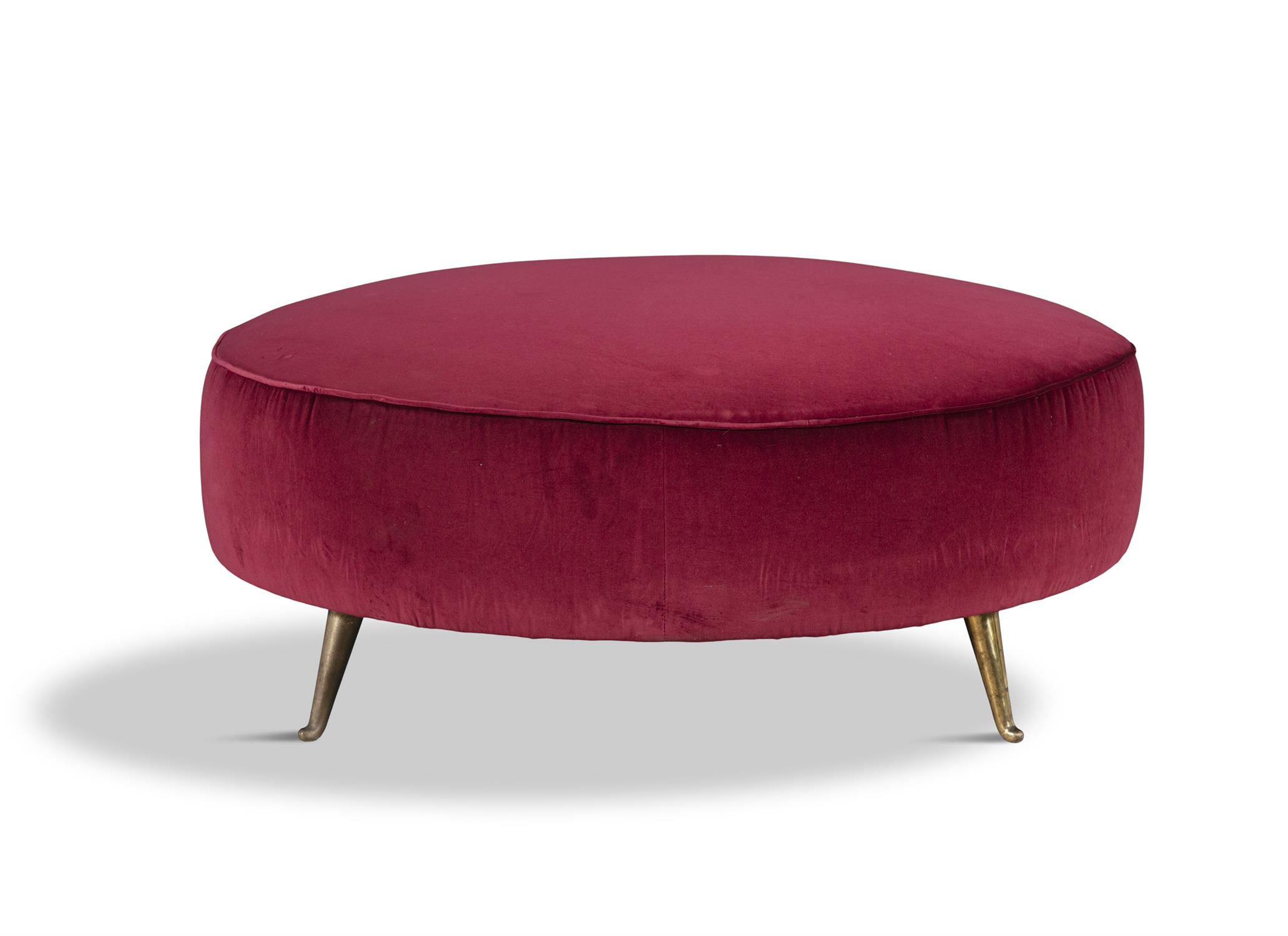 OTTOMAN A Mid-Century Italian upholstered circular ottoman on brass feet. 90(d) x 34cm(h)