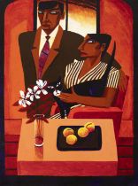 GRAHAM KNUTTEL (1954-2023) Couple Dining with a Cat Oil on Canvas, 123 x 92cm Signed