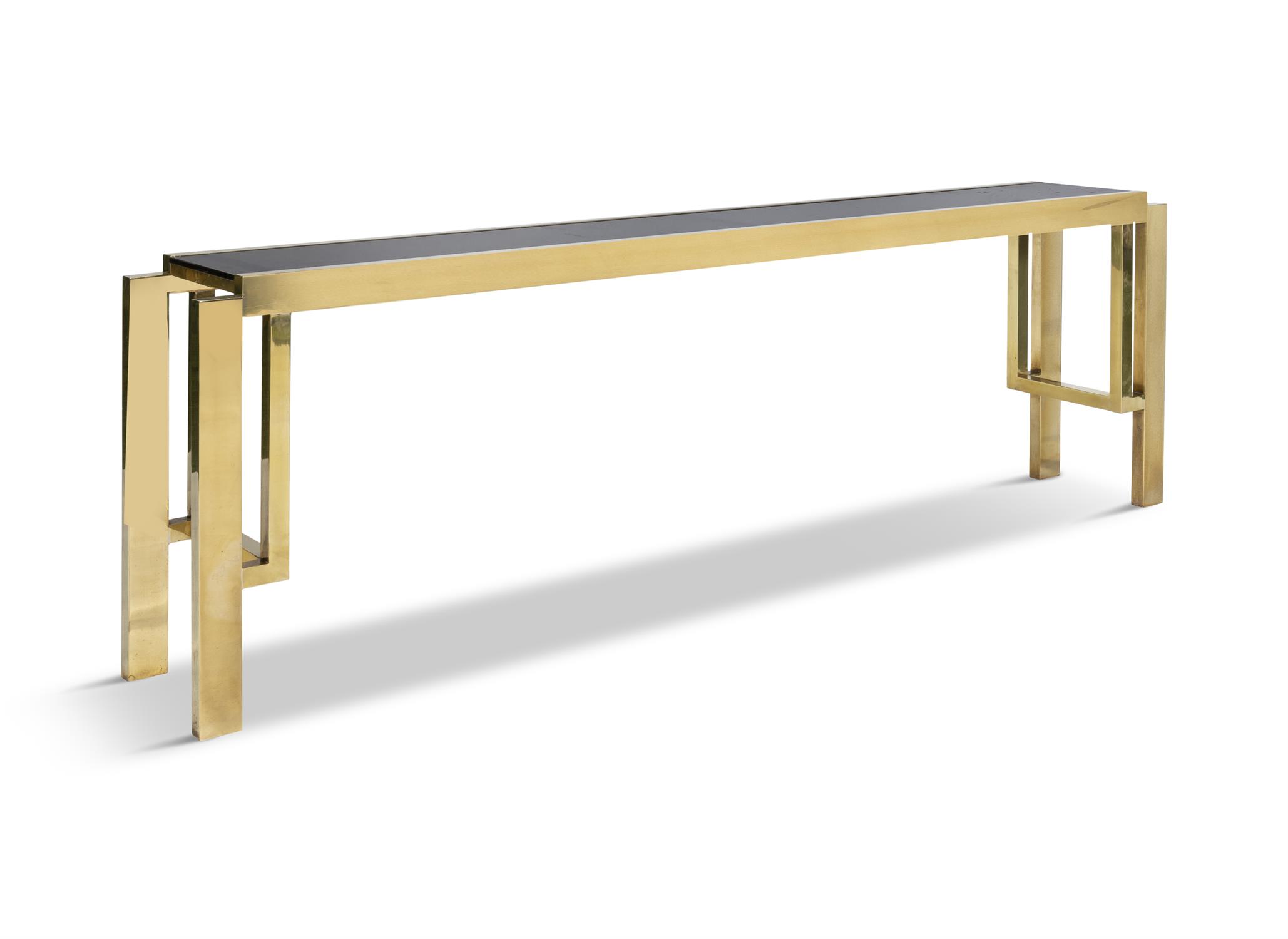 CONSOLE TABLE A brass plated console table with smoked glass top. Italy, c.1970. 195 x 29.