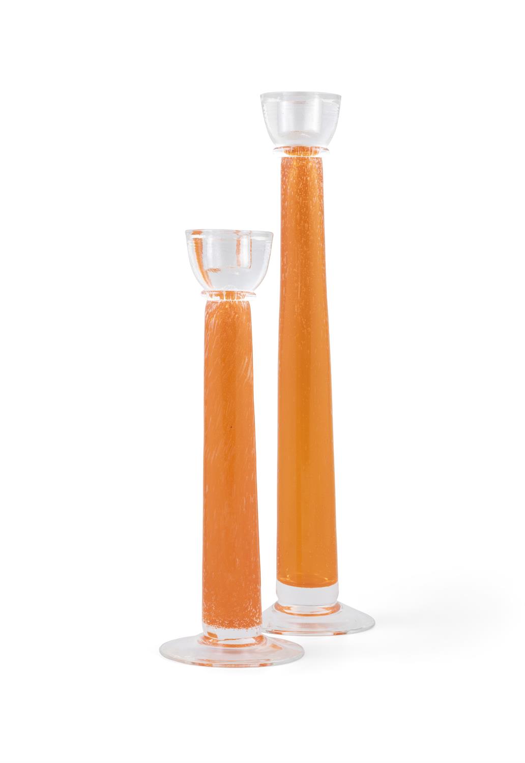 CANDLE STICKS A pair of orange and clear glass candle sticks of differing heights. Italy. 39. - Image 2 of 3