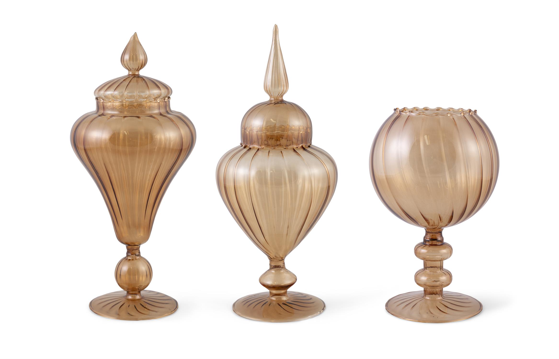 VASES A collection of three smoked glass vases with lids. Italy, 36cm(h)