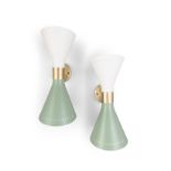 WALL LIGHTS A pair of green and white wall lamps in the style of Stilnovo. Italy. 38.5cm(h)