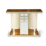 CONSOLE A burr walnut console with three drawers with gilt metal and mirror detailing. Italy, c.