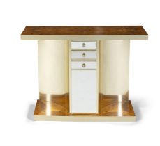 CONSOLE A burr walnut console with three drawers with gilt metal and mirror detailing. Italy, c.