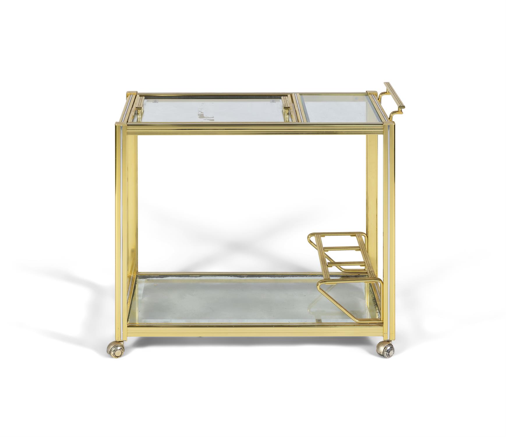 PIERRE VANDEL A gilt metal and chrome drinks trolley attrib. to Pierre Vandel with glass tops and - Image 2 of 6