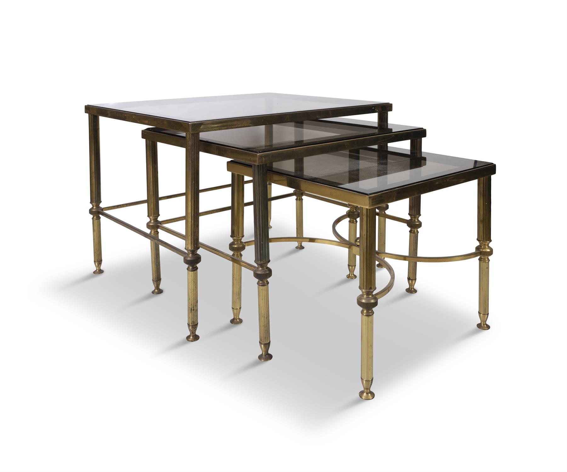 SIDE TABLES Trio nest of brass side tables with smoked glass tops. Italy, c.1970. 56.5 x 46.