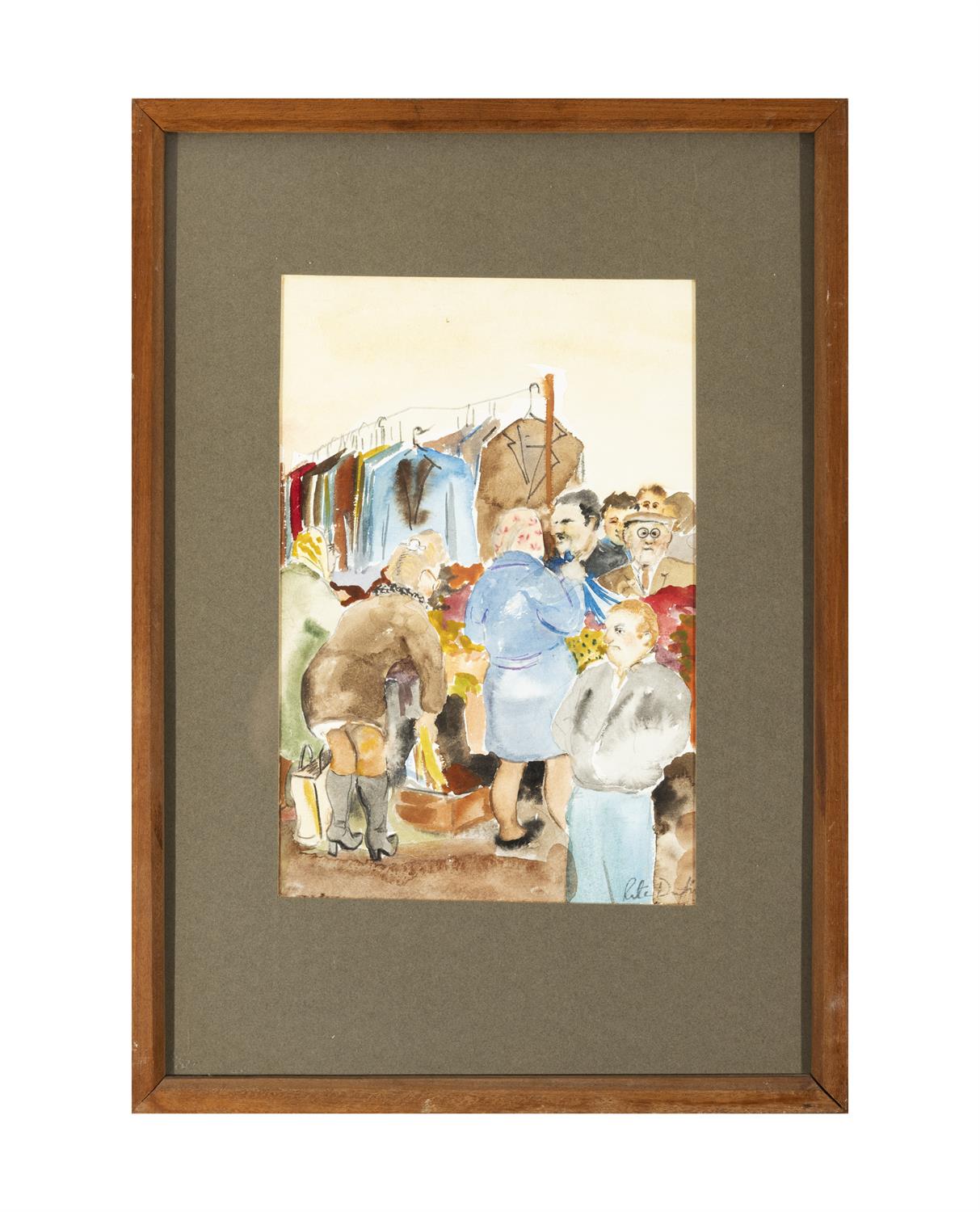 RITA DUFFY Market Day - Clothes Stall Pencil and watercolour, 35 x 23cm Signed - Image 2 of 4