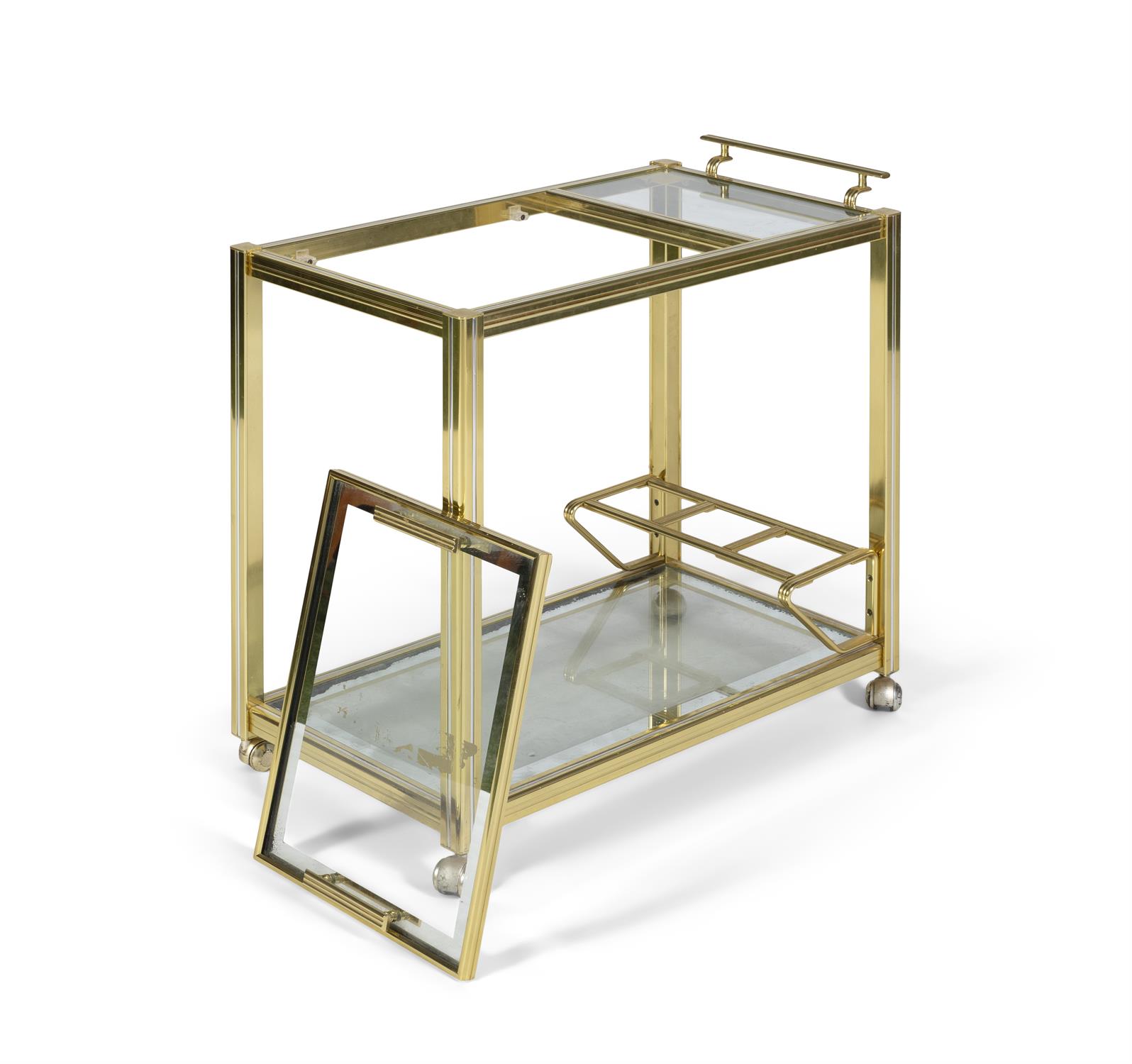 PIERRE VANDEL A gilt metal and chrome drinks trolley attrib. to Pierre Vandel with glass tops and - Image 3 of 6