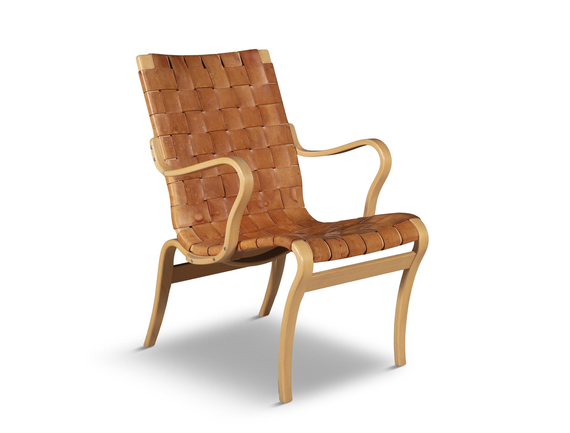 BRUNO MATHSSON Eva armchair by Bruno Mathsson in beech and leather. c.1970. 60 x 65 x 80cm(h);