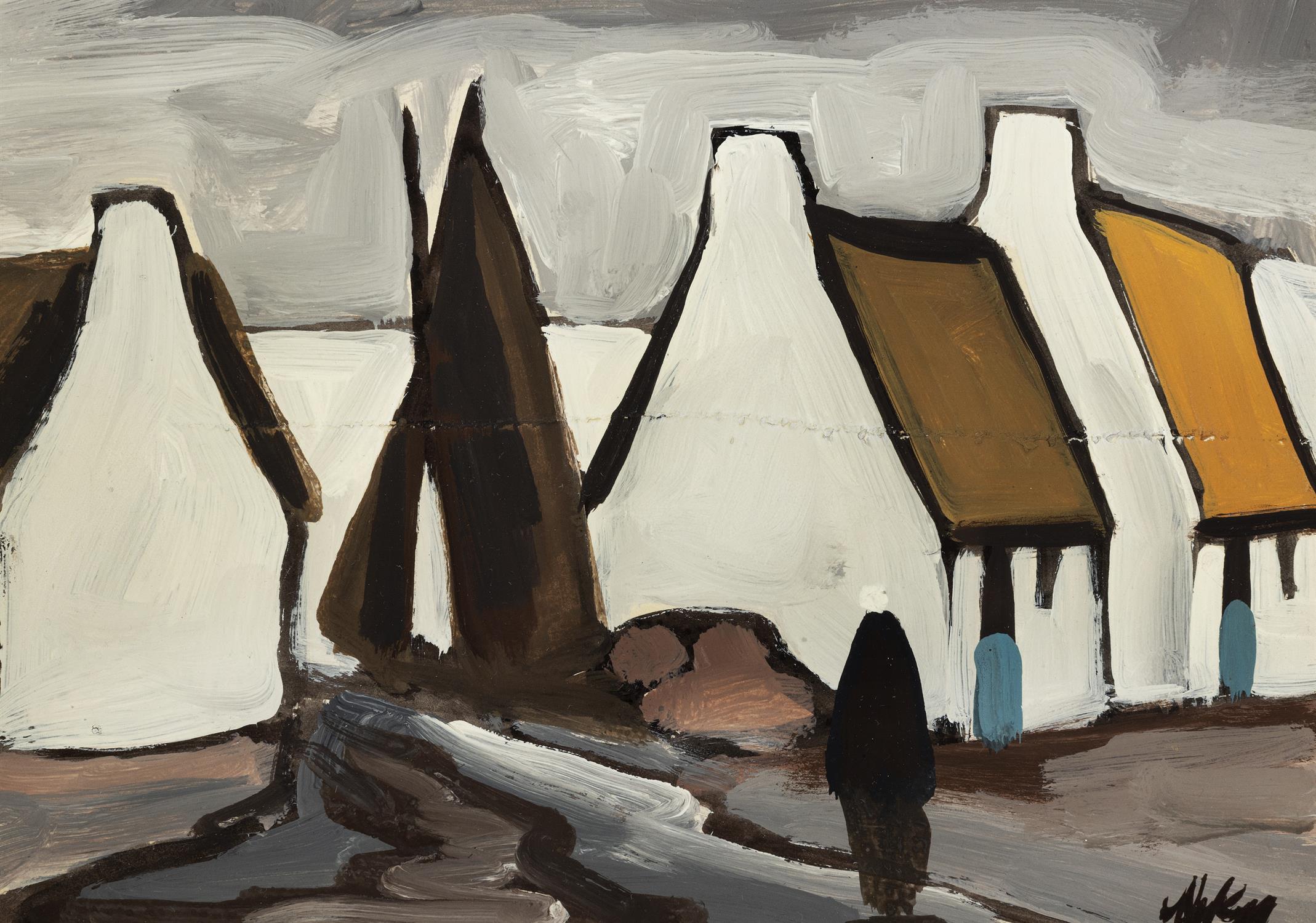 Markey Robinson (1918 - 1999) Sailboat, Cottages and Figure Gouache, 20 x 28cm (7¾ x 11") Signed