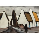 Markey Robinson (1918 - 1999) Sailboat, Cottages and Figure Gouache, 20 x 28cm (7¾ x 11") Signed