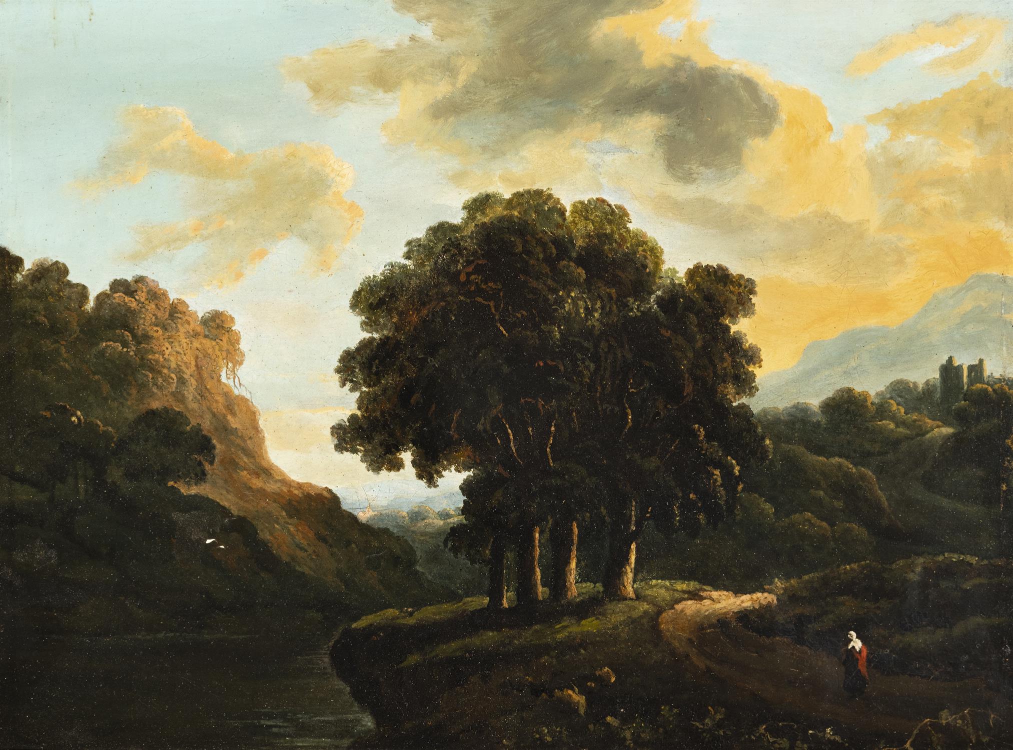 Attributed to James Arthur O’Connor Figure on a Woodland Path, with Distant Ruins at Sundown