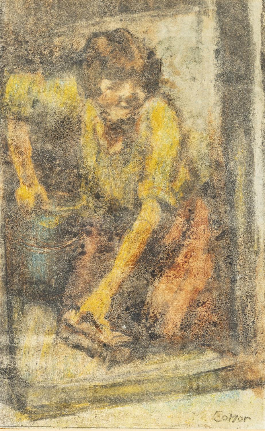 William Conor RUA RHA (1881 - 1968) Girl Scrubbing the Step Wax crayon 32 x 20cm (12 ½ x 8”)