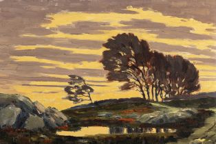 Mabel Young RHA (1889-1974) Wooded landscape at Sunset Oil on canvas board, 32 x 47cm (12½ x