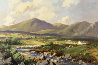 George K Gillespie RUA (1924 - 1995) River, Mountain Landscape with Cottages Oil on canvas, 49.