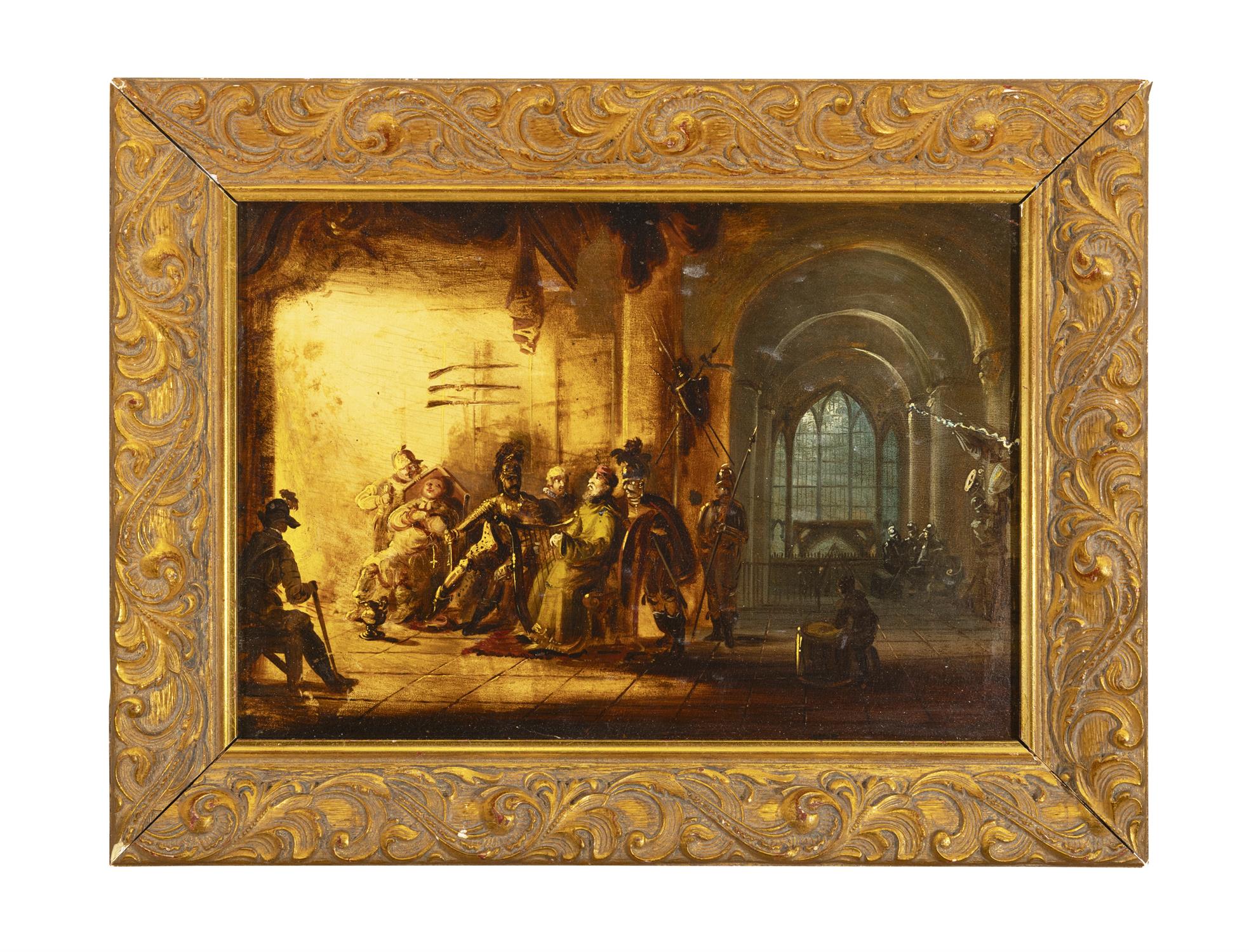 William Sadler II (1782-1839) Baronial Interior with Monks, Soldiers and a Harpist Oil on panel, - Bild 2 aus 3