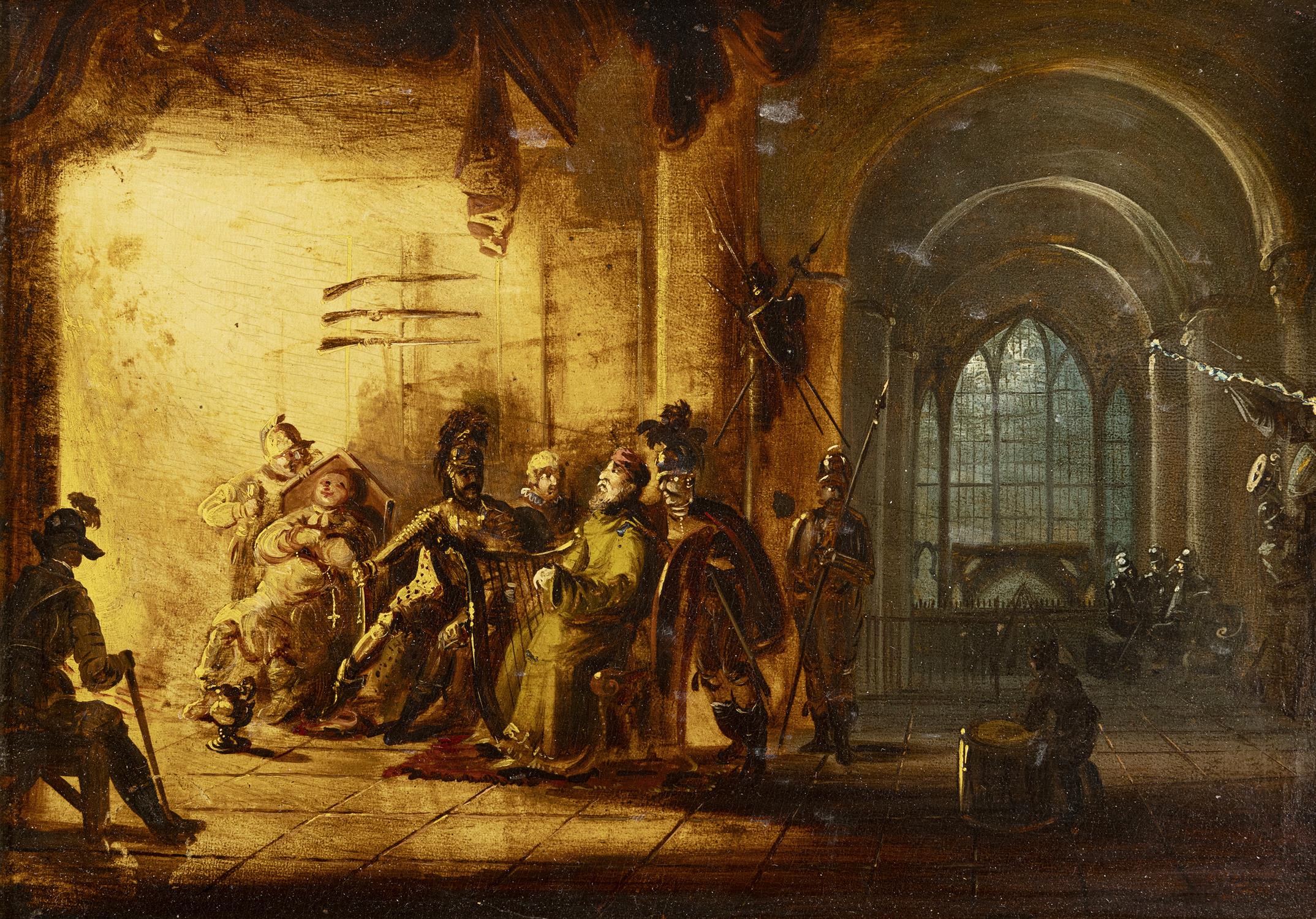 William Sadler II (1782-1839) Baronial Interior with Monks, Soldiers and a Harpist Oil on panel,