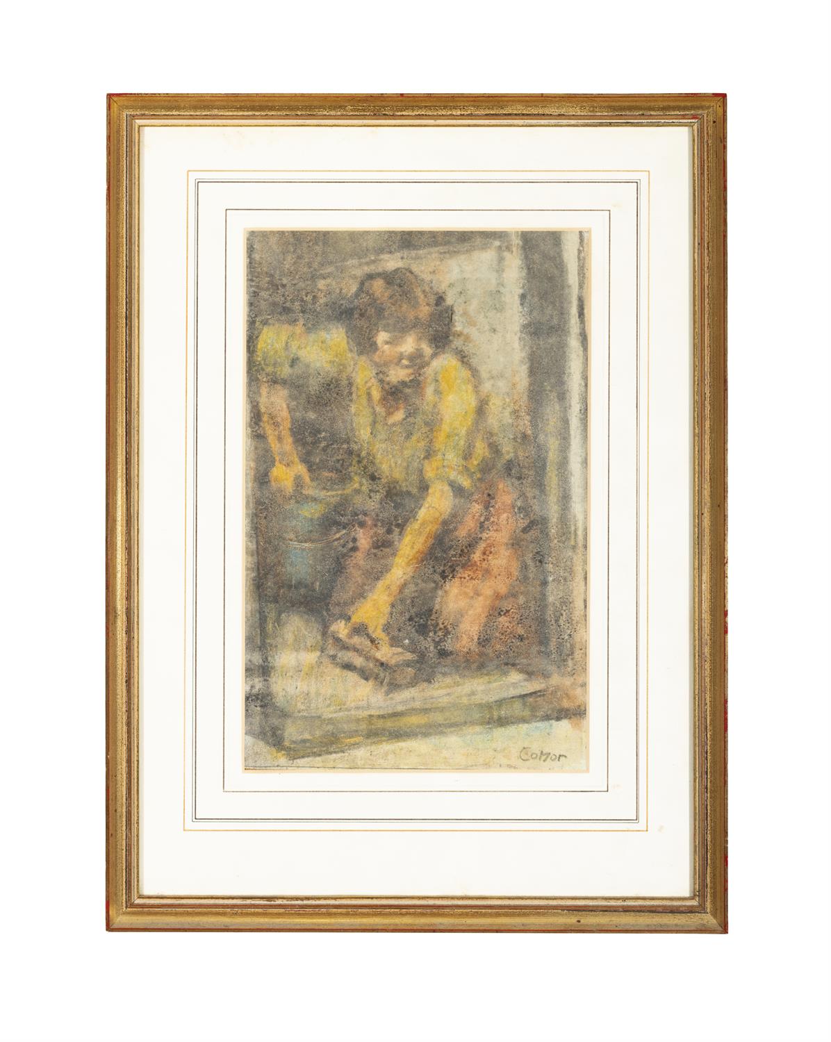 William Conor RUA RHA (1881 - 1968) Girl Scrubbing the Step Wax crayon 32 x 20cm (12 ½ x 8”) - Image 2 of 4