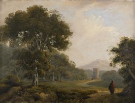 James Arthur O'Connor (1792 - 1841) Wooded Landscape with Figure in Red, Tower in the Distance