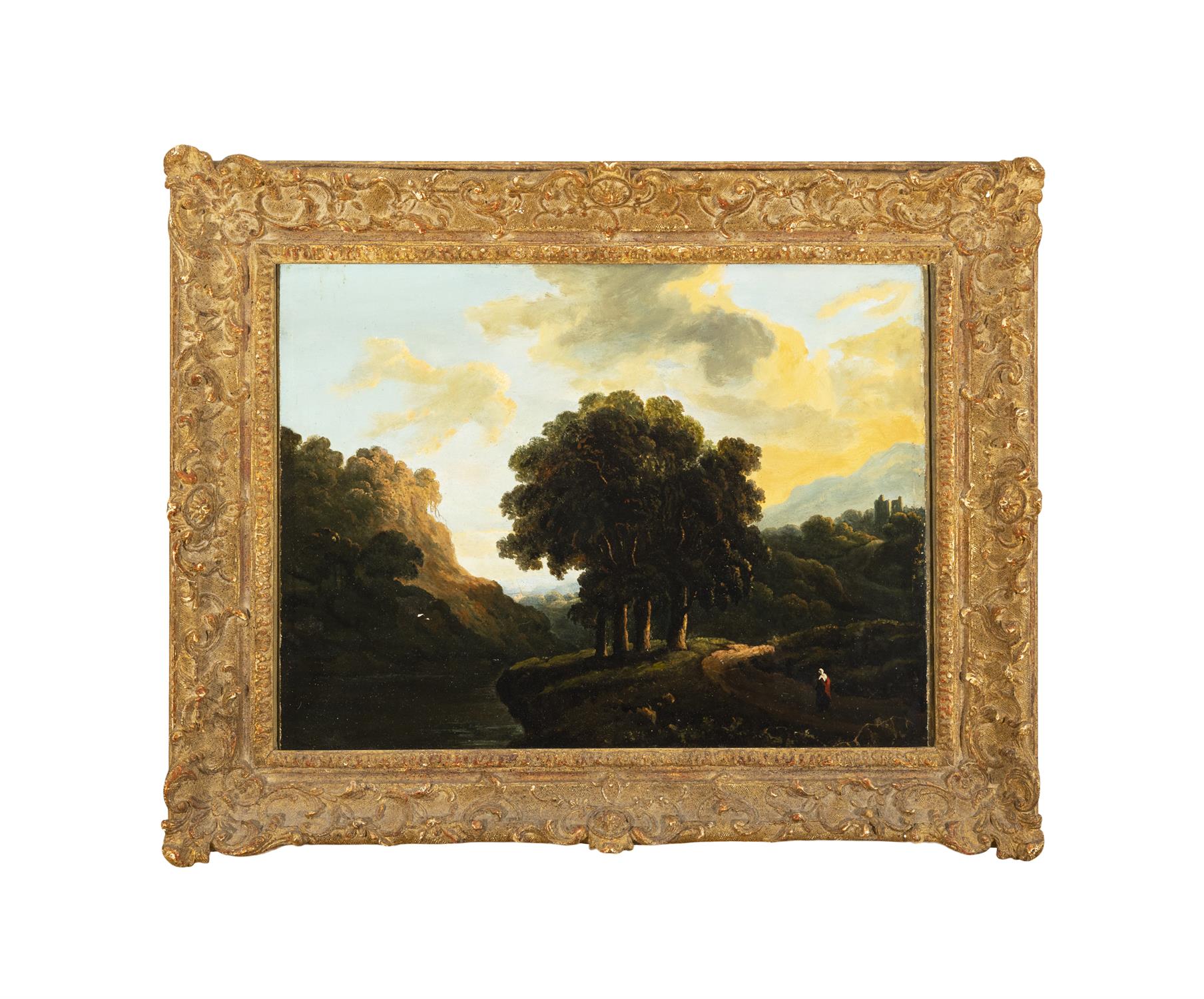 Attributed to James Arthur O’Connor Figure on a Woodland Path, with Distant Ruins at Sundown - Image 2 of 3