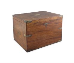 A MAHOGANY AND BRASS BOUND CAMPAIGN BOX, 19TH CENTURY with side carrying handles,