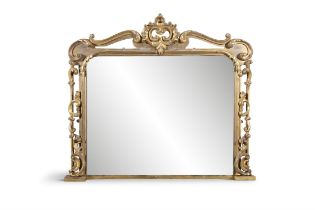 A 19TH CENTURY GILTWOOD AND GESSO OVERMANTLE MIRROR in the Rococo manner, the open carved frame