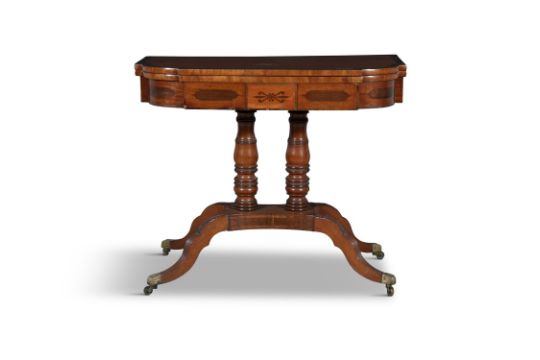 A MAHOGANY AND ROSEWOOD BANDED FOLD-TOP CARD TABLE, 19th century, of bowed rectangular shape, - Image 1 of 3