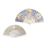 *A VICTORIAN IVORY FAN with painted vignettes of classical scenes, against a blue and silver