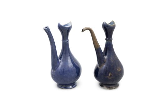 TWO GILT POWDER-BLUE GLAZED EWERS FOR THE ISLAMIC MARKET 清代 霁蓝釉描金阿拉伯执壶两件 China, Qing dynasty (1644- - Image 2 of 4