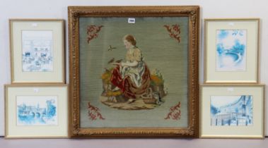 A late 19th/early 20th century needlework picture depicting a seated female figure feeding birds,