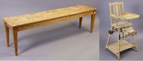 A pine & plywood bench with a rectangular top, & on four square tapered legs, 148cm wide x 42.5cm