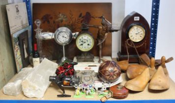 Three mantel clocks, a brass jardinière, various items of decorative China & sundry other items.