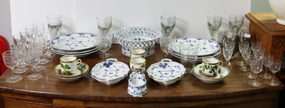 A Royal Copenhagen blue & white floral decorated dish; eleven ditto items of tea ware; & various