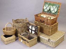 Two wicker picnic baskets, with contents; a wicker log basket; & various other items of wicker ware.