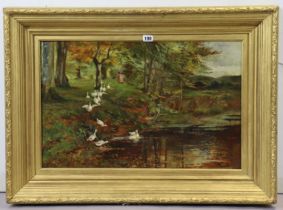 A late 19th century oil painting on canvas depicting a lake with geese to the foreground, signed “J.