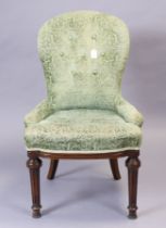 A 19th century mahogany-frame nursing chair with a buttoned-back & sprung seat upholstered pale blue