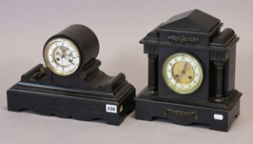 Two 19th century striking mantel clocks, each in a black slate case, 30cm & 24.5cm high.