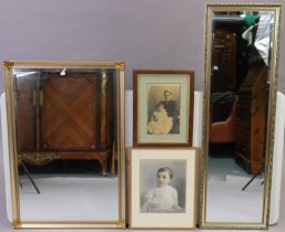 Two gilt frame rectangular wall mirrors each inset with a bevelled plate, 123cm x 38.5cm. & 93cm x