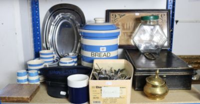 Various items of blue & white banded kitchen ware; a japanned-metal document box; & sundry other