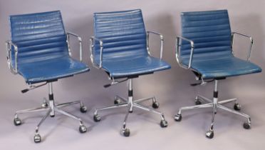A SET OF THREE EAMES EA117-STYLE SWIVEL OFFICE CHAIRS, each with padded all-in-one seat & back