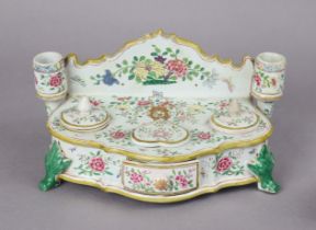A late 19th/early 20th century French faience inkstand, painted in coloured enamels in the Chinese