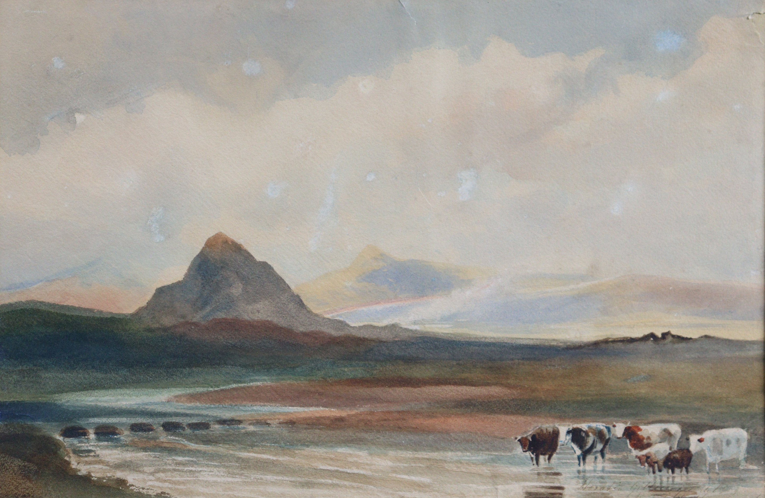 SCOTTISH SCHOOL, 19th century. A Highland scene with cattle crossing a stream, mountains beyond,