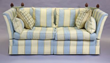 A modern Knole three-seater settee upholstered blue & gold silk damask, with turned wood finials &