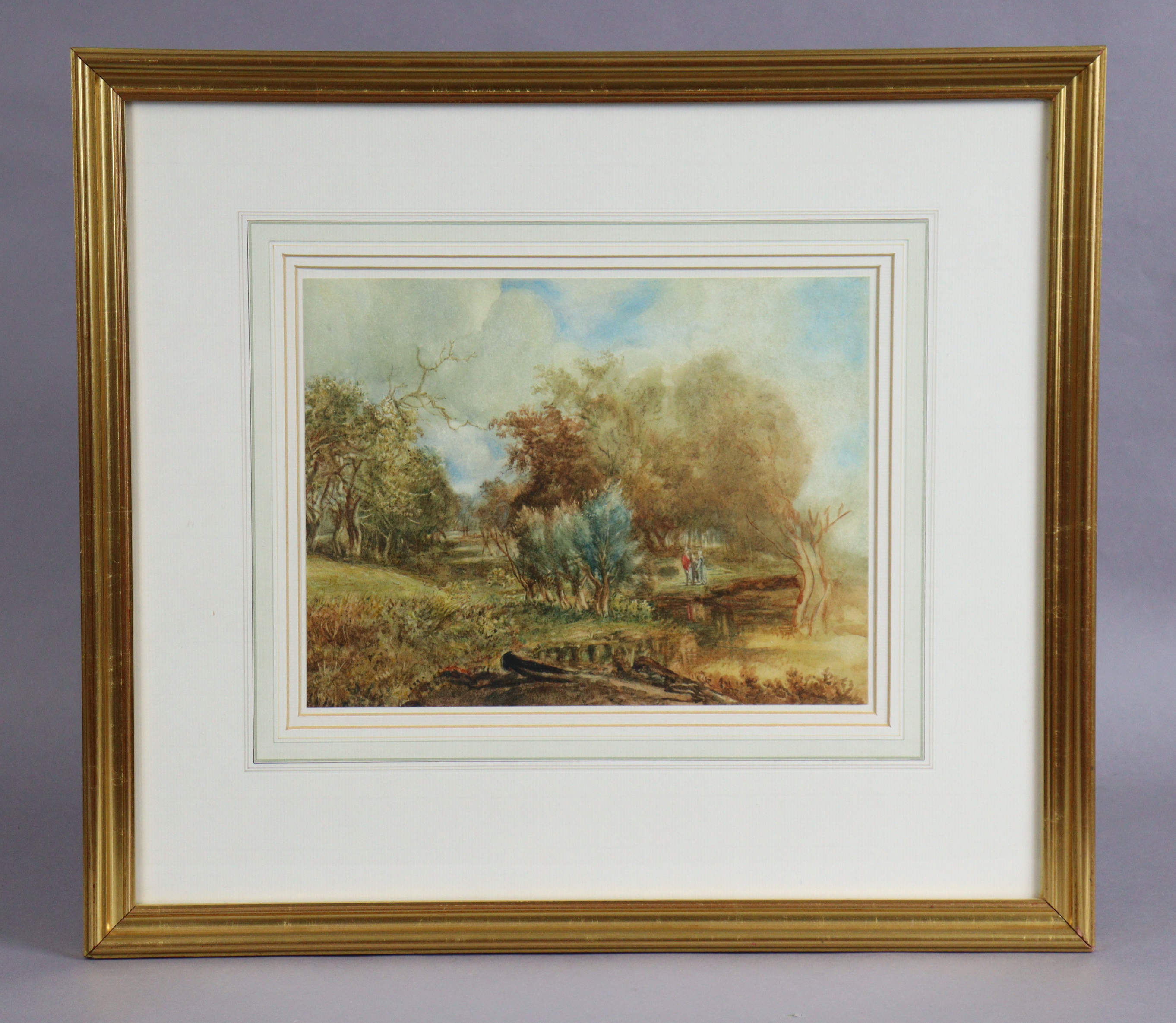 Attributed to MILES EDMUND COTMAN (1810-1858). Figures in a wooded landscape, watercolour, 22cm x - Image 2 of 3