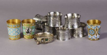 A Russian silver stiff hinged bangle set paste stones; a Russian silver & enamel thimble; three