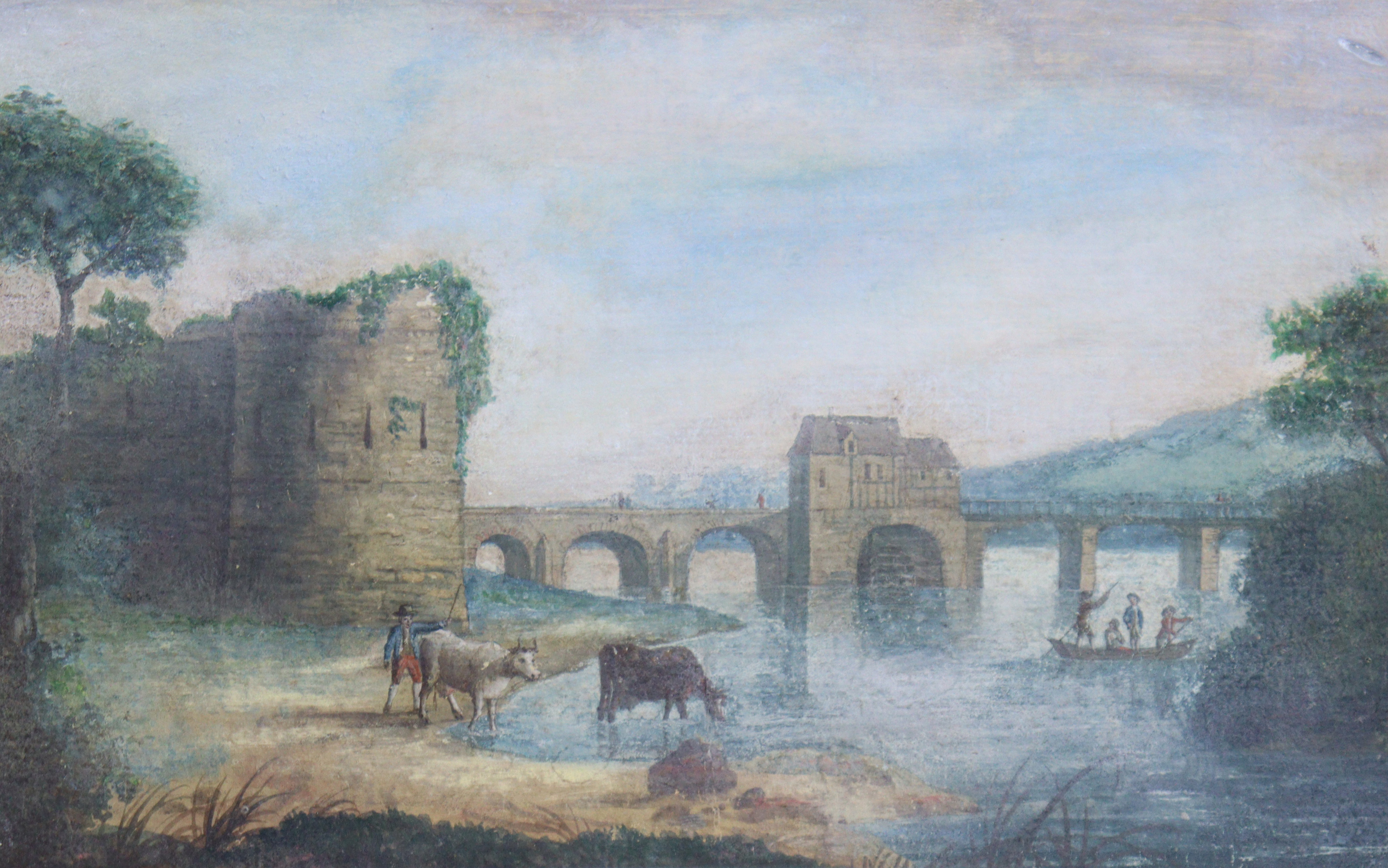 ENGLISH SCHOOL, 19th century. A river landscape with bridge, watermill & castle ruins,