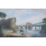 ENGLISH SCHOOL, 19th century. A river landscape with bridge, watermill & castle ruins,