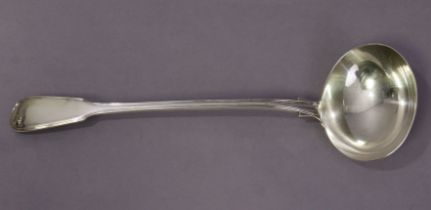 An early Victorian silver Fiddle-&-Thread pattern soup ladle with oval bowl, 34.5cm long; London