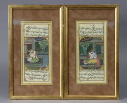 A pair of late 19th/early 20th century Indian miniature paintings of romantic figure scenes, with
